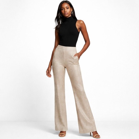L'AGENCE Pants - L'Agence Metallic Beige Knit Lurex Wide Leg Pants M Quiet Luxury Clean Girl Glam